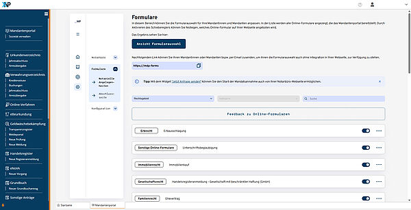 Mandantenportal Formularübersicht